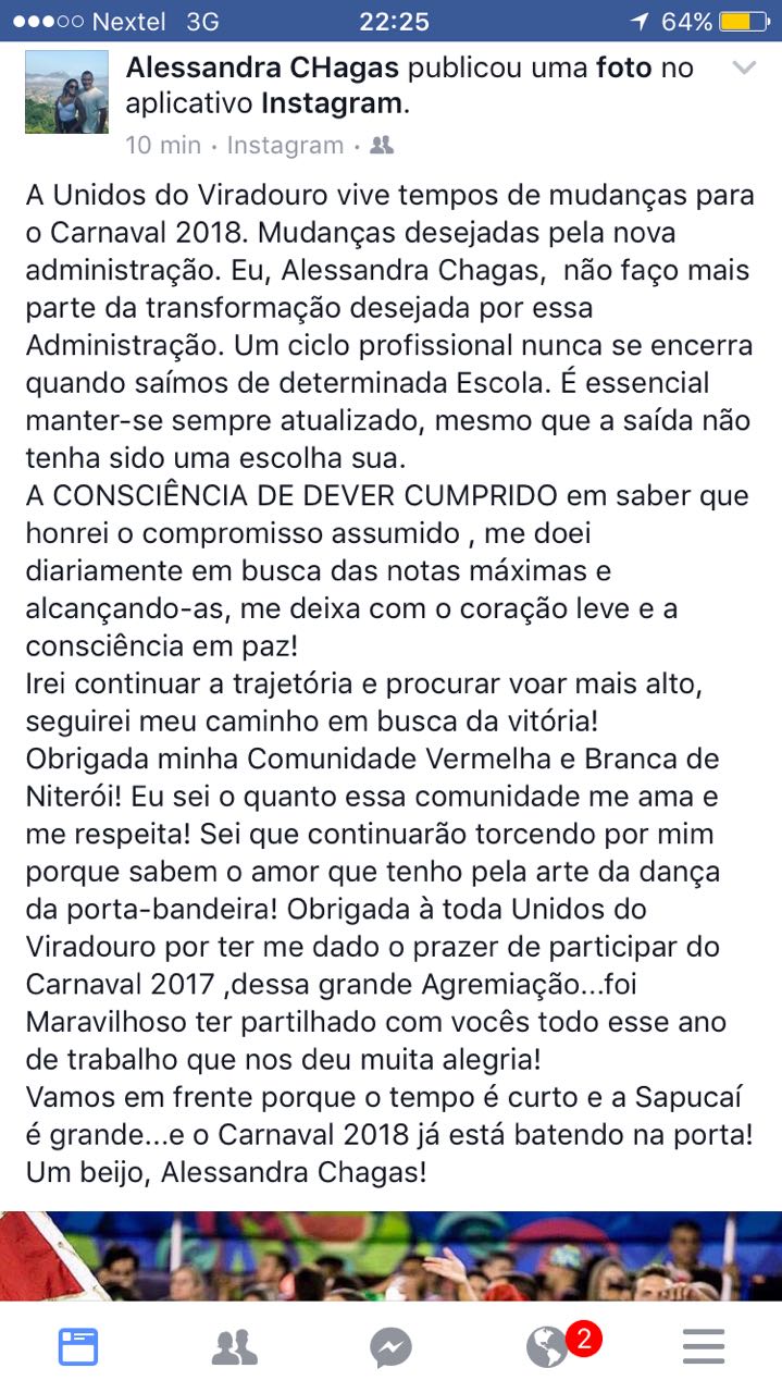 A carta do mestre-sala Julinho na sua despedida da Unidos da Tijuca