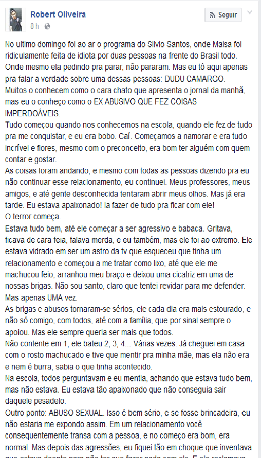 Relato de Robert Oliveira. Foto: Reprodução/Facebook