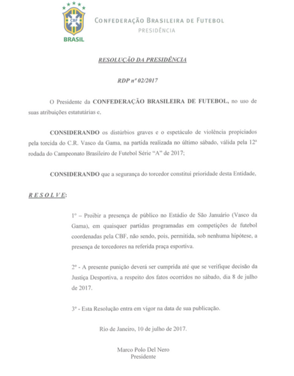 Documento da CBF assinada por Marco Polo Del Nero. Foto: Reprodução