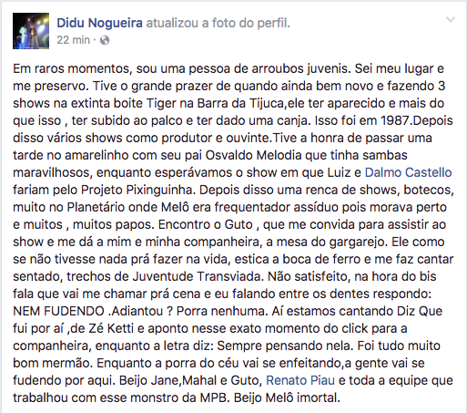 Postagem de Didu Nogueira. Foto: Reprodução/Facebook