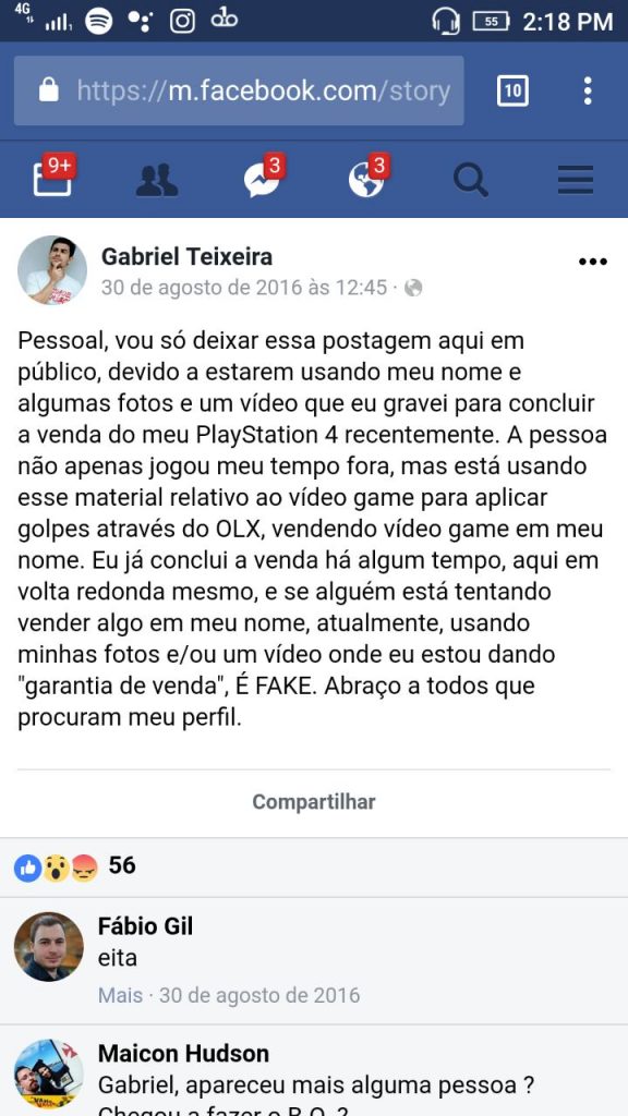 Post Gabriel Teixeira. Foto: Reprodução