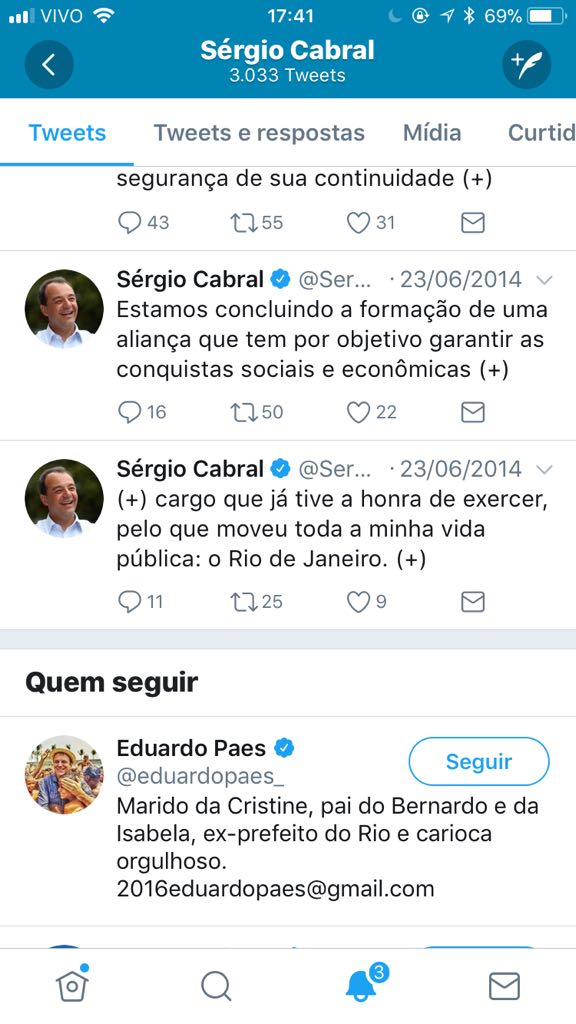 Twitter oficial de Sérgio Cabral. Foto: Reprodução