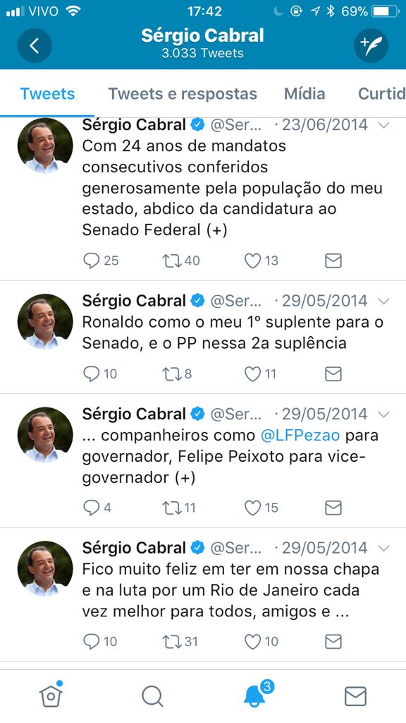 Twitter oficial de Sérgio Cabral. Foto: Reprodução