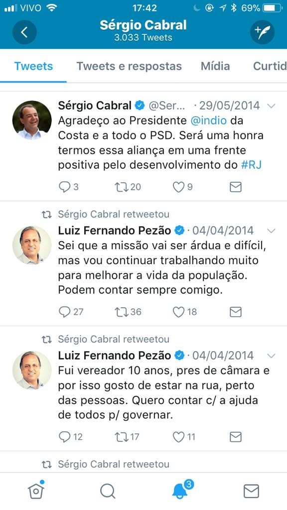 Twitter oficial de Sérgio Cabral. Foto: Reprodução