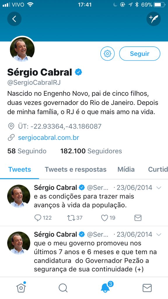 Twitter oficial de Sérgio Cabral. Foto: Reprodução