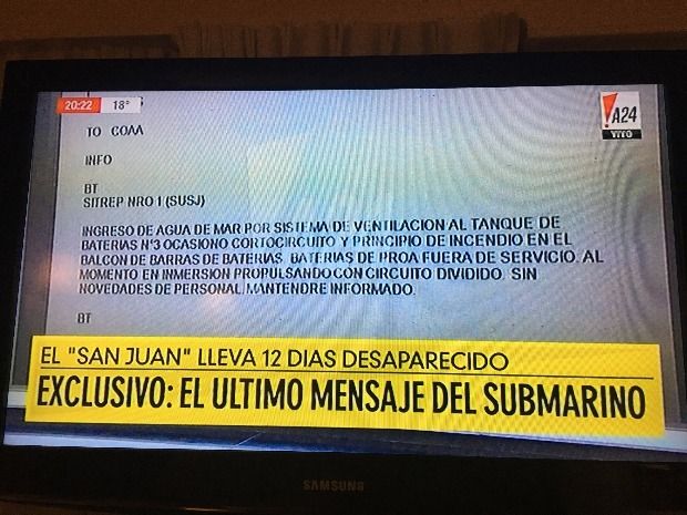 Mensagem do submarino divulgada pela TV argentina. Foto: Reprodução