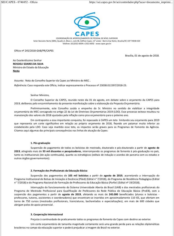 Carta aberta da CAPES sobre corte orçamentário para 2019. Foto: Reprodução