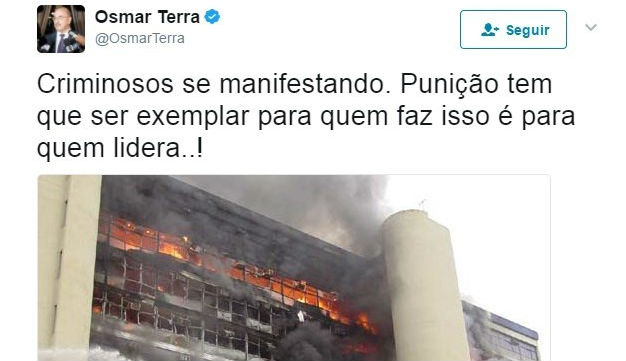 Gafe: Ministro usa foto de incêndio de 2005 para criticar protesto desta quarta-feira