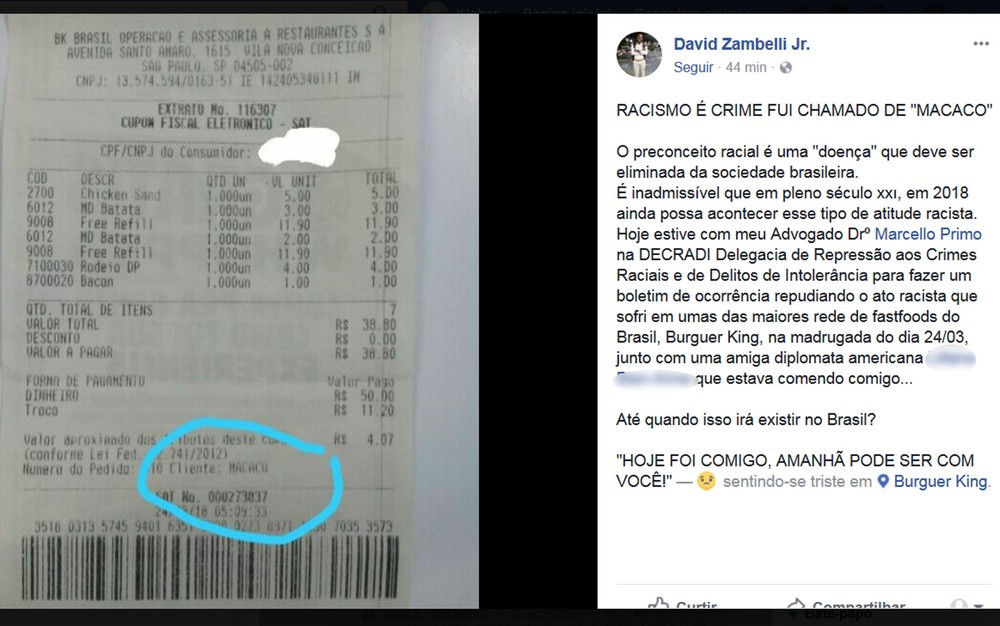 Estudante denuncia Burger King após ser chamado de macaco