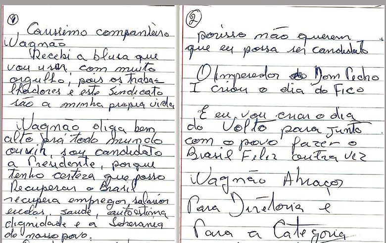 Em carta de próprio punho ao Sindicato Lula afirma: 'sou candidato à Presidência'