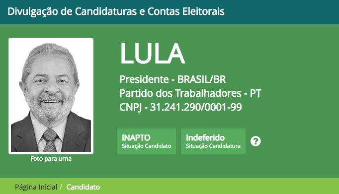 Lula aparece como candidato 'inapto' no site do TSE