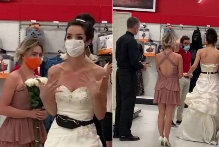 Mulher invade trabalho do namorado vestida de noiva e o intima a casar