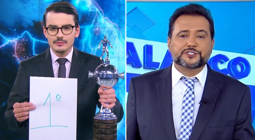 Dudu Camargo ironiza ao vivo o desempenho de Geraldo Luís com troféu e boneco Shrek