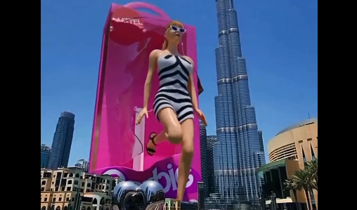 Barbie gigante anda ao lado do Burj Khalifa, o maior prédio do mundo, em Dubai