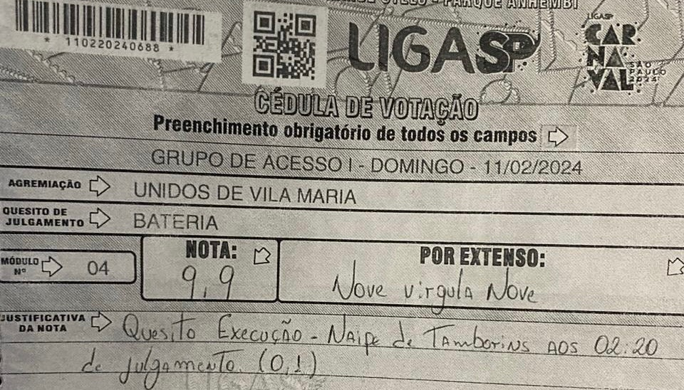 Mestre Moleza sobre 9,9 para bateria da Vila Maria: ‘0,1 em 10 anos é um marco’