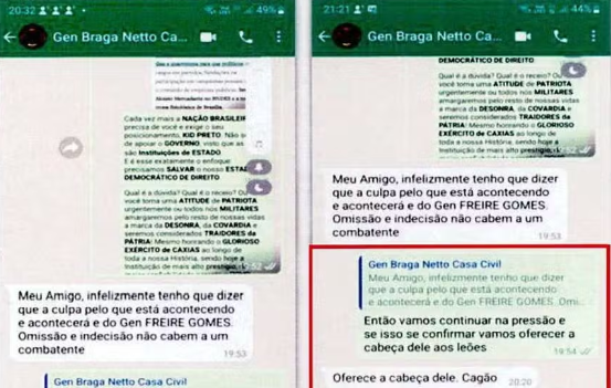 Braga Netto, vice de Bolsonaro, atacou militares que não aderiram ao Golpe