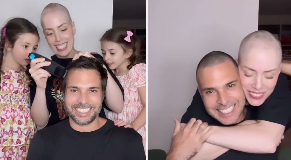 Com leucemia, Fabiana Justus raspa o cabelo do marido com as filhas