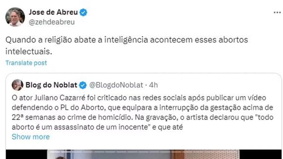 José de Abreu xinga Juliano Cazarré por defender PL do aborto: ‘Burro pra cacete’