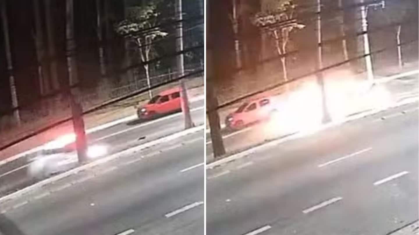 VÍDEO: Carro da polícia bate em árvore e explode em São Paulo