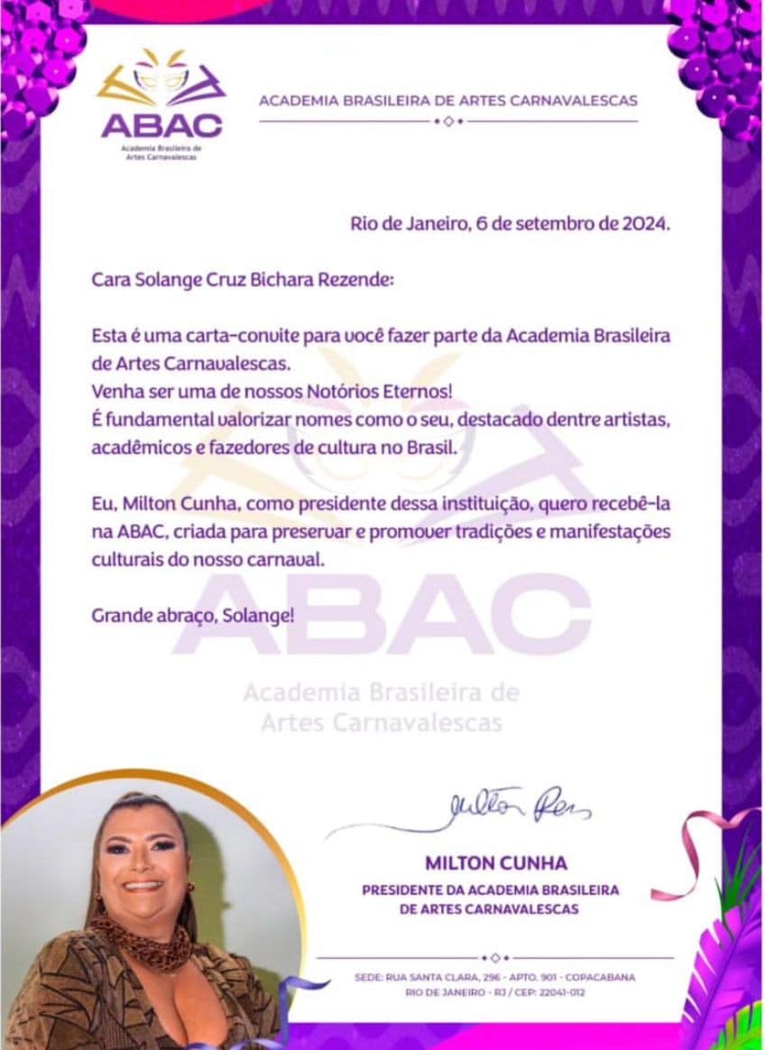 Presidente Solange é nomeada para Academia Brasileira de Artes Carnavalescas. Foto: Divulgação