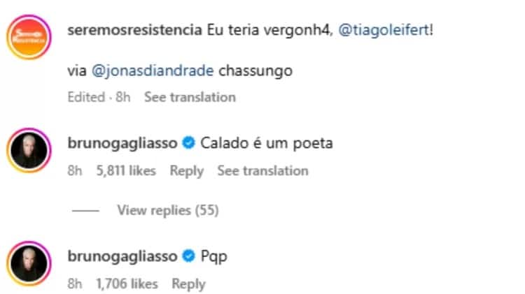 Comentários de Bruno Gagliasso em post. Foto:Reprodução/Instagram/@seremosresistencia