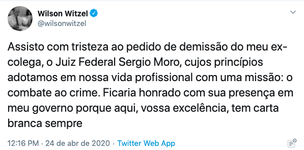 Twitter de Wilson Witzel sobre saída de Moro. Foto: Reprodução/Twitter