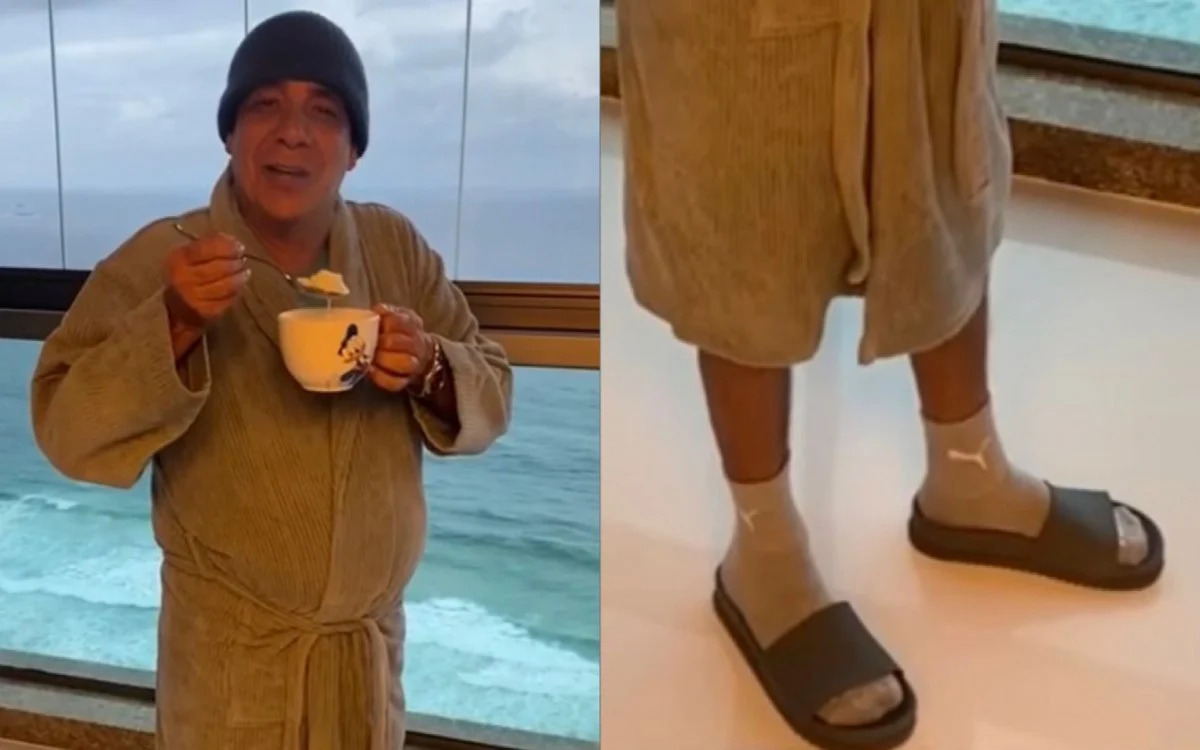 Zeca Pagodinho aparece com gorro, roupão, meia e chinelo. Foto: Reprodução/Instagram