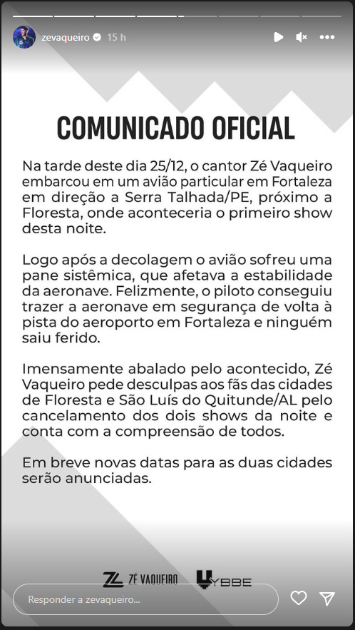 Avião com cantor Zé Vaqueiro sofre pane após decolagem e retorna a Fortaleza. Foto: Reprodução