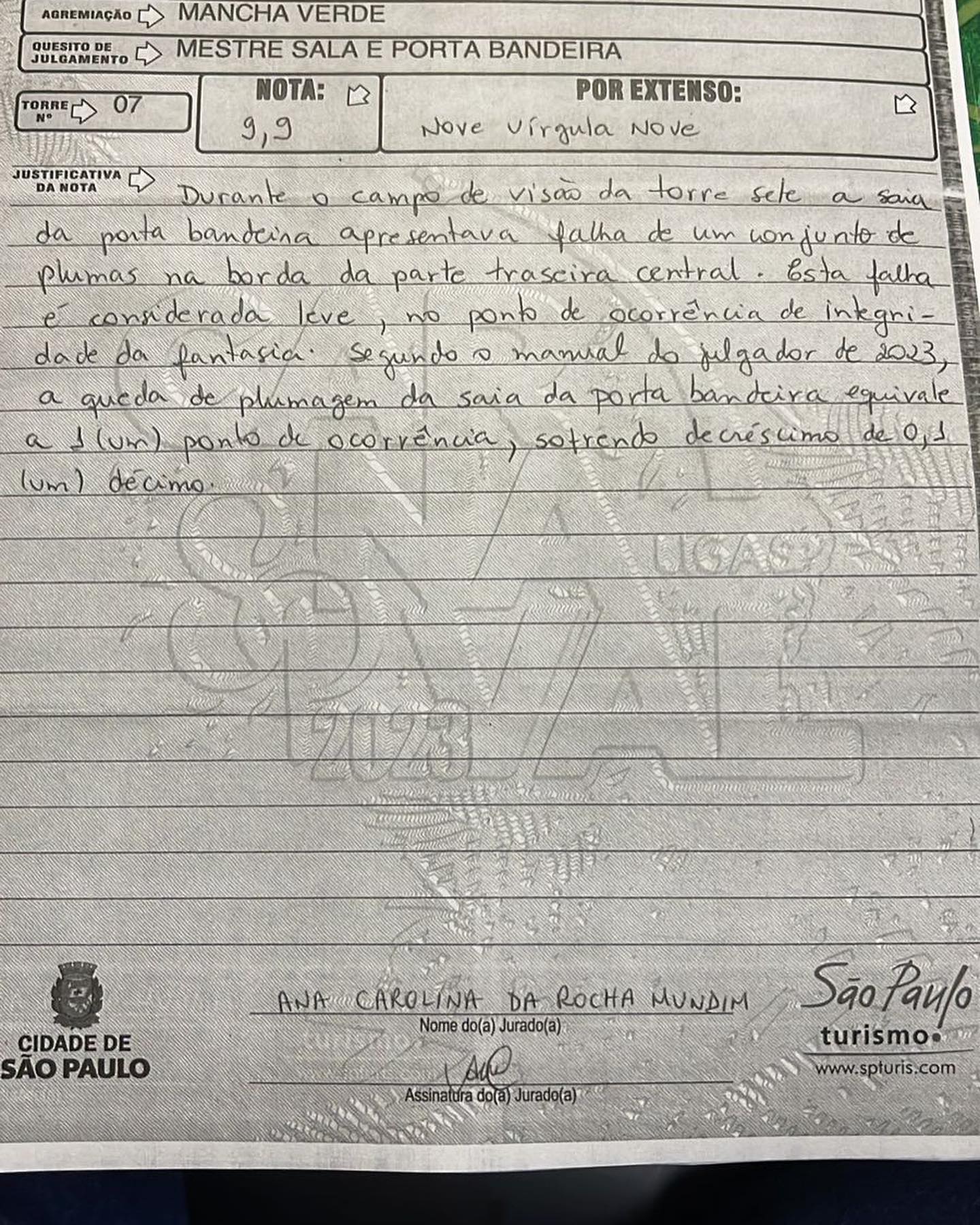 Justificativa de nota da Mancha Verde 2023. Foto: Reprodução/Instagram/Paulo Serdan