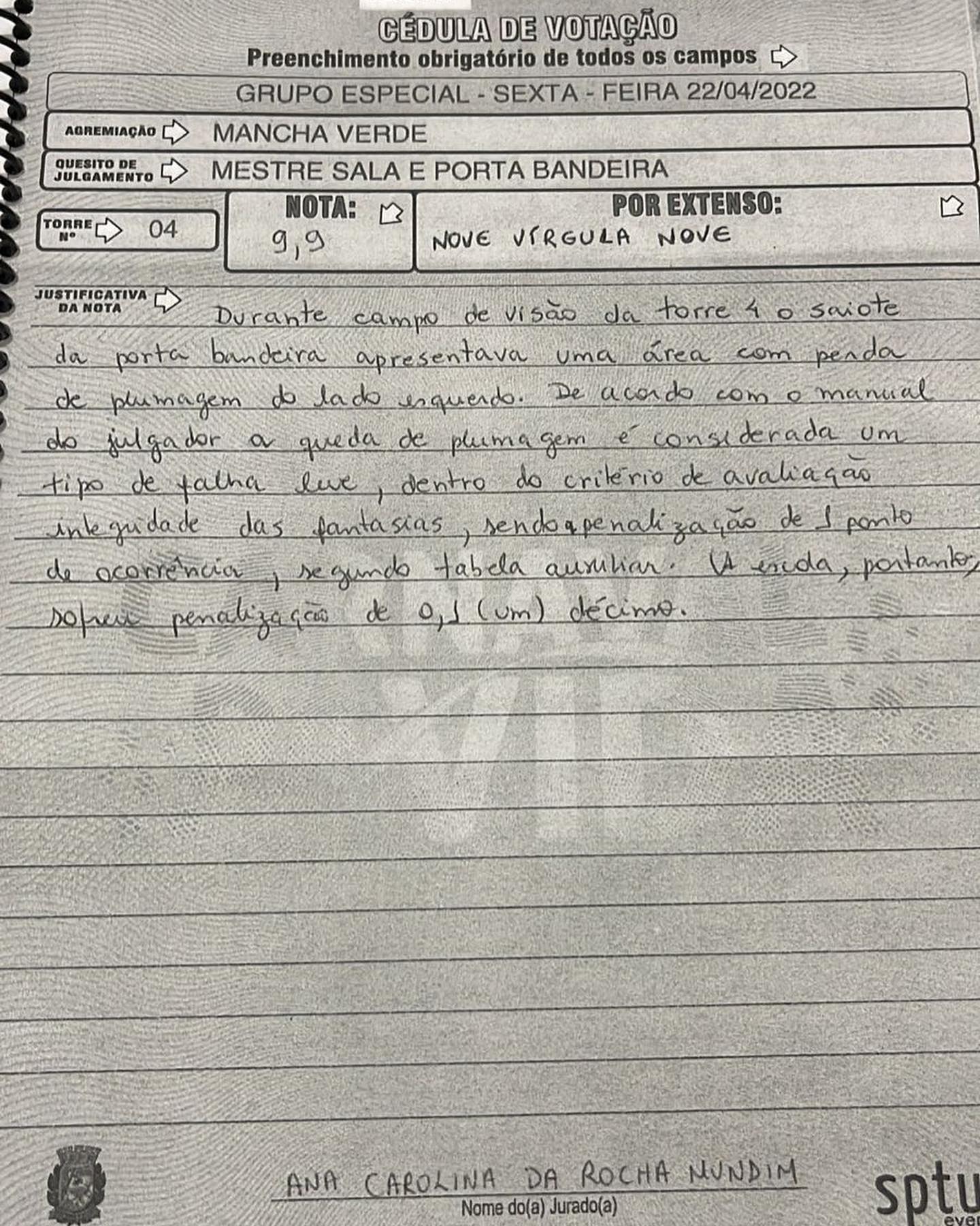 Justificativa de nota da Mancha Verde 2023. Foto: Reprodução/Instagram/Paulo Serdan