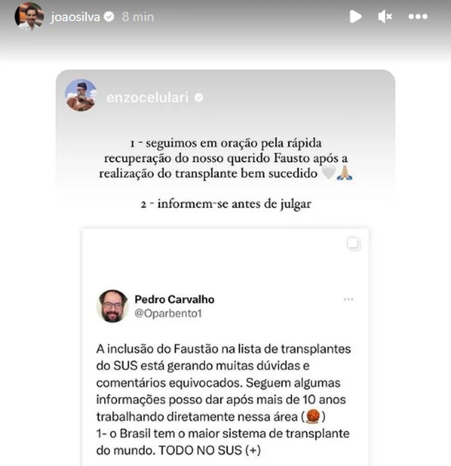 Filho de Faustão se manifesta sobre críticas à rapidez de transplante do pai. Foto: Reprodução/Instagram