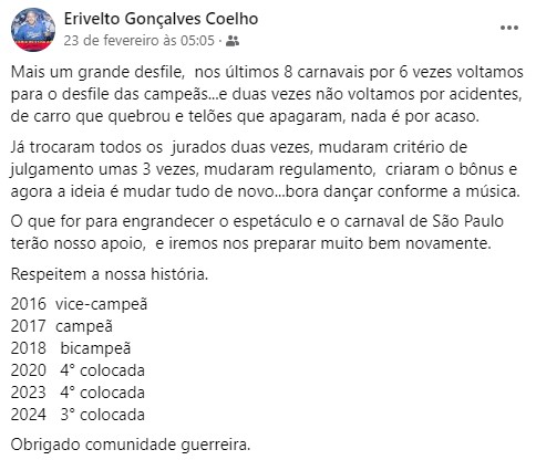 Postagem de Erivelto Gonçalves Coelho, presidente da Acadêmicos do Tatuapé. Foto: Reprodução/Facebook